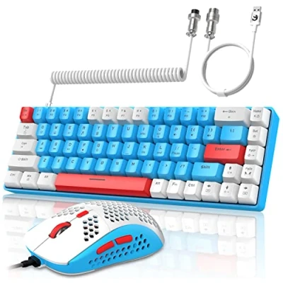 Afbeelding van YINDIAO T8 60% RGB Gaming Toetsenbord en Muis Combinaties + Opgerolde USB C Kabel,Bedraad Mechanisch Toetsenbord,68 Toetsen,US Layout,Honingraat Muis,Tot 6400 DPI,voor PC MAC, Blauw