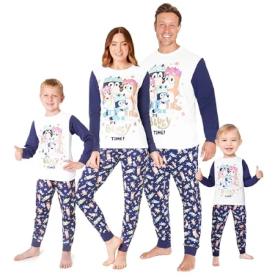 Afbeelding van BlueY Familiepyjama&#039;s, 2 delige pyjamaset voor ouders en kinderen, met mouw enkelmanchetten, wit/blauw 6 7 jaar