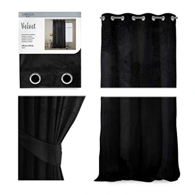 Afbeelding van AmeliaHome gordijn fluwelen look 140x270 cm zwart 1 st. oogjesgordijn fluweel verduisteringsgordijn raamdecoratie licht glinsterend decoratief