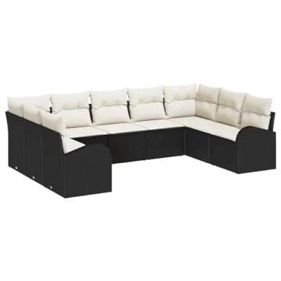 Afbeelding van vidaXL 9 delige tuinsofa set met kussens zwart poly rattan, 2 zits opslag &amp; rattan