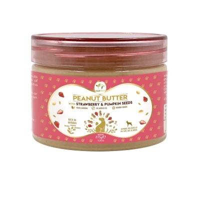 Afbeelding van Pawfect Pindakaas voor de hond Aardbei &amp; Pompoenpitten 450 gr.