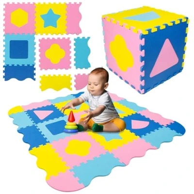 Afbeelding van Humbi puzzelmat Eva foam voor baby&#039;s en kinderen speelmat fitnessmat beschermmat zwembadmat 31,5 x 1 cm 34 stuks vormen kleur (geel, blauw, roze)