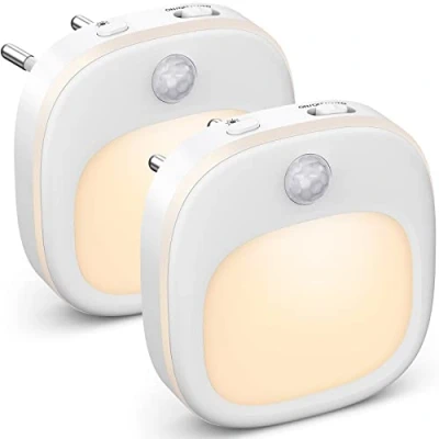 Afbeelding van Nachtlampje met Bewegingsmelder, [2 Stuks] Insteek Kinderen 3 Kleurtemperatuur Modi en 15% 100% Traploos Dimmen, LED Schemersensor voor Kinderkamer/Trappen/Gangen
