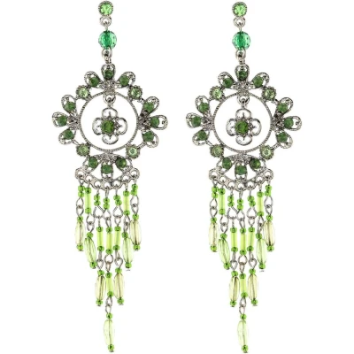 Afbeelding van Behave Vintage oorbellen met ronde bloem hanger, groene steentjes en kraaltjes