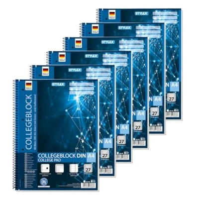 Afbeelding van Stylex 43888 P6 College notebook met spiraalbinding, gelinieerd, DIN A4, 80 vel 60 g/m² gram, 6 stuks