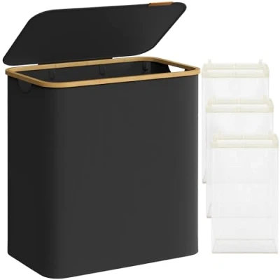Afbeelding van SONGMICS Wasmand met deksel, wasverzamelaar 3 vakken, 150 l, uitneembare waszak, Oxford weefsel, handgrepen van bamboe, inklapbaar, 60 x 38,5 70,5 cm, inktzwart LCB515B01