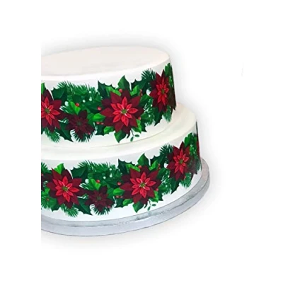 Afbeelding van Top That Eetbare Decor Sheet Kerst Rood Poinsettia Flower Border Ribbon Perfect voor grotere taarten Makkelijk te gebruiken