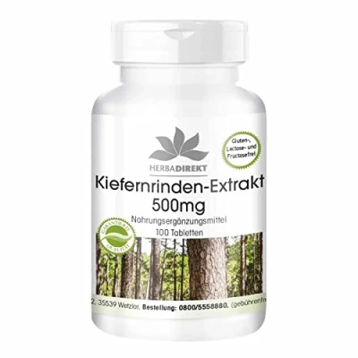 Afbeelding van Dennenbast extract 500mg hooggedoseerd veganistisch 100 tabletten met vitamine C HERBADIREKT by Warnke Vitalstoffe Duitse apothekerskwalitei
