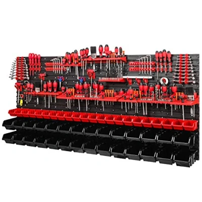 Afbeelding van werkplaatsrek, wandrek, 1728 x 780 mm, opslagsysteem met gereedschapshouders en stapelboxen, wandplaten, extra sterk opbergrek (rood/zwart)