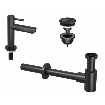 Afbeelding van INK 1A Fonteinkraanset staande Fonteinkraan laag always open plug en design Sifon Mat Zwart Minimalistisch