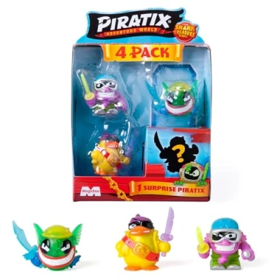 Afbeelding van PIRATIX ADVENTURE WORLD Serie Shark Treasure, 4 stuks, bevat piratix, 1 &quot;glas&quot; en verrassing &quot;kristal&quot; accessoires, 3 stuks met 6