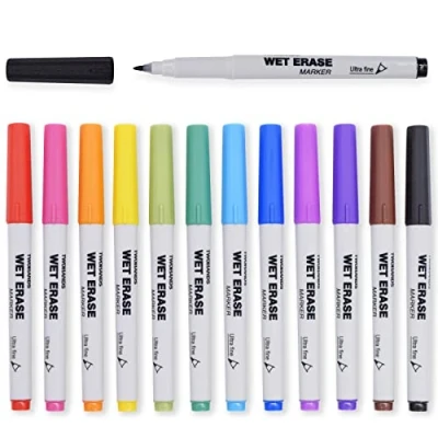 Afbeelding van TWOHANDS Wet Erase Markers Ultra Fine Tip,0,7 mm, Geurarm, Extra Fijn Punt, 12 Verschillende Kleuren, Whiteboard voor Kantoor, Thuis of Planning Whiteboard, 20703