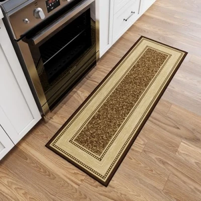 Afbeelding van Ottomanson Ottohome collectie tapijtloper met rubberen achterkant en modern randdesign, 50 cm x 150 cm, bruin