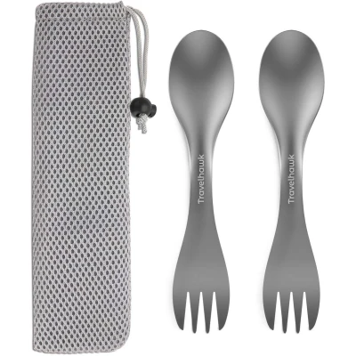 Afbeelding van Travelhawk Spork Campingbestek van titanium Vork, mes en lepel in één Bestek voor onderweg op reis Lichtgewicht 2 Stuks Inclusief Draagzak