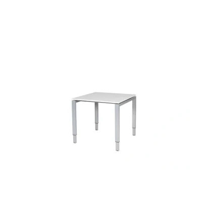 Afbeelding van Domino bureau, hoogte instelbaar (62 85cm) met 80x80cm &#039;zwevend&#039; krijtwit 25mm blad en aluminium (RAL9006) N poot frame.