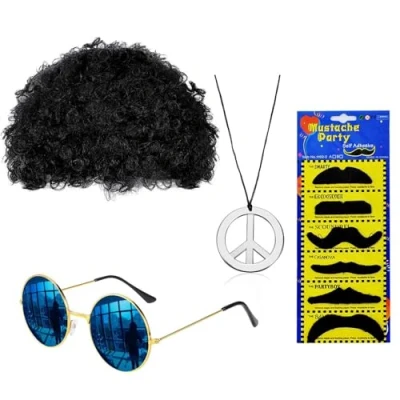 Afbeelding van ANROI 9 teiliges Hippie Kostümset für Herren, 70er 80er Disco Afro Perücke, Sonnenbrille, Friedenszeichen Halskette, Schnurrbart, Ideal Retro Party