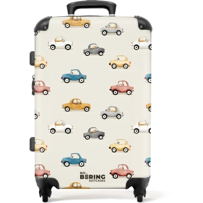 Afbeelding van NoBoringSuitcases.com® Kinderkoffer jongen Kindertrolley jongens Kleurrijke retro autootjes Koffer kind groot Rolkoffer lichtgewicht Reiskoffer met 4 wielen Grote trolley XL 20 kg bagage