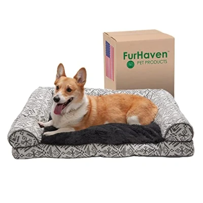 Afbeelding van Furhaven groot kussen hondenbed pluche &amp; zuidwesten kelim decor bankstijl w/verwijderbare wasbare hoes kei grijs,