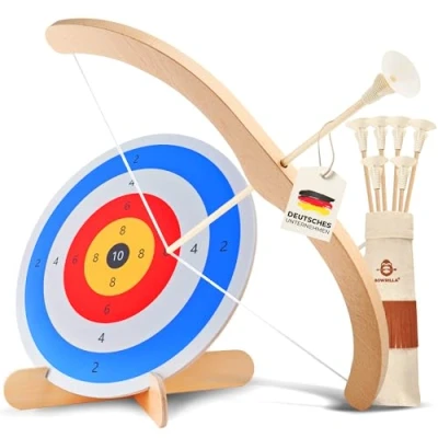 Afbeelding van BOWRILLA® Pijl en boog houten kinderspeelgoedset met 6 zuignappijlen, schietschijf van hout koker, boogschieten, kinderspeelgoed voor indoor outdoorspelletjes vanaf 3 jaar