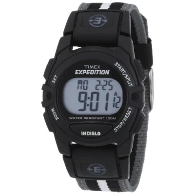 Afbeelding van Timex Unisex Expeditie Digitaal CAT 33 mm horloge zwarte kast met zwart grijs gestreepte stoffen band T49661
