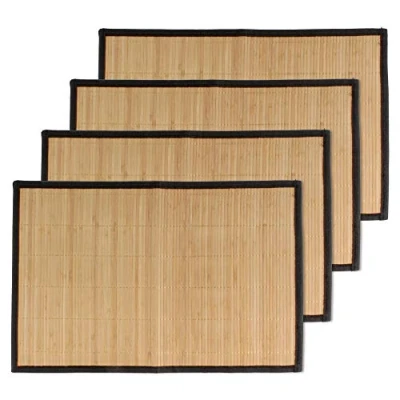 Afbeelding van BambooMN Bamboe lamellen placemat met stoffen rand effen kleur print 44,5 cm x 30,5 bruin zwarte rand, 4 stuks