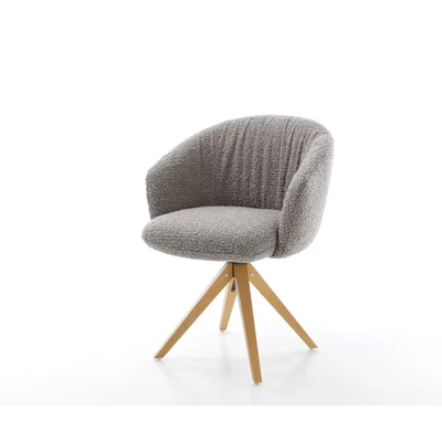 Afbeelding van Eetkamerstoel Caja Flex met armleuning houten frame hoekig natuur bouclé zilver grijs pocketveer kern 180 draaibaar