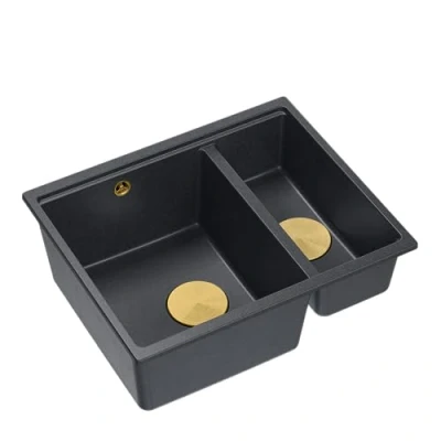 Afbeelding van Quadron Logan 150 granieten spoelbak, keukenspoelbak, afmetingen 55,5 x 46 22 cm, zwart en goud, dubbele wastafel, kastbouw vanaf 60 onderbouwbak