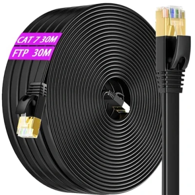 Afbeelding van Internet Kabel 30 Meter, Cat 7 Ethernetkabel 30m Zwart Hoge Snelheid 10Gbps 600Mhz Afgeschermd Lange Netwerkkabel 100ft Plat Lan Cable Gigabit Rj45 Wlan Slank Patchkabel