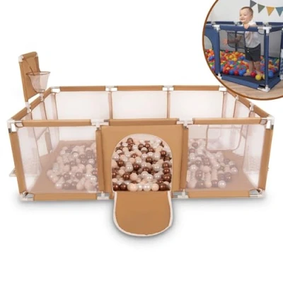 Afbeelding van Selonis Babybox, groot formaat, speelmat, met 100 ballen, voor kinderen, beige, ballen: pastelbeige/koper/parelmoer