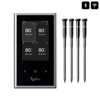 Afbeelding van Typhur Sync Quad Vier Probes Bluetooth &amp; WiFi bereik Bestand tot 400C IPX8 waterdicht Batterijduur 50 uur Real time app monitoring Perfect voor grillen en roken