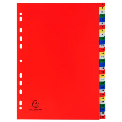 Afbeelding van Exacompta ref. 93E Polypropyleen tabbladen met 31 numeriek bedrukte tabs van 1 tot in kleur Afdrukbare indexpagina Formaat A4 Afmetingen: 22,5 x 29,7 cm