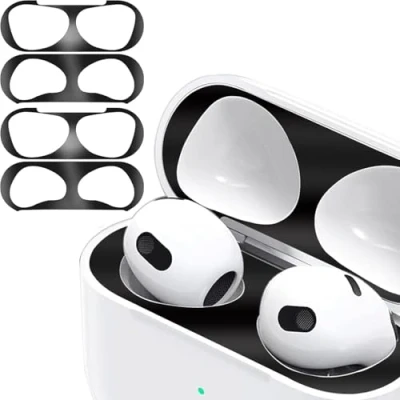 Afbeelding van stofbeschermingsstickers, compatibel met AirPods 4 (2024) hoes, 2 sets metalen ultradunne folie, hoes tegen stof, draadloze oplaadkoffer (zwart)
