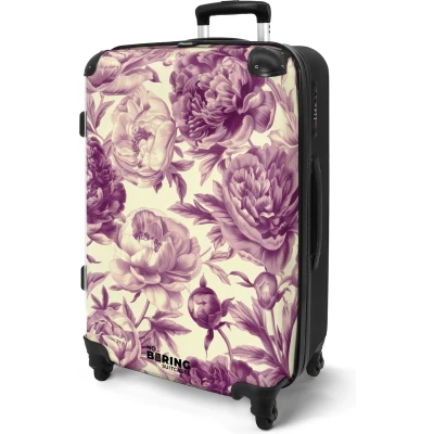 Afbeelding van NoBoringSuitcases.com® Koffer groot Rolkoffer lichtgewicht Wit met paarse bloemen Reiskoffer 4 wielen Grote trolley XL 20 kg bagage