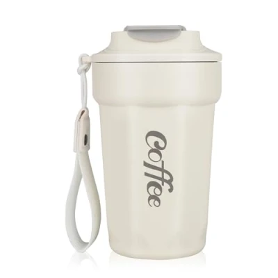 Afbeelding van Thermische koffiemok, 480 ml, van roestvrij staal, BPA vrij, luchtdicht, draagbaar, voor warm en koud, koffiebeker op reis, wit