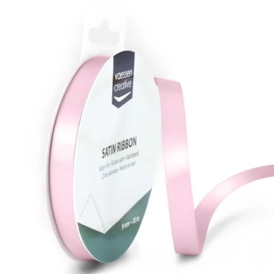 Afbeelding van Vaessen Creative Satijnen lint 9 mm x 10 m pastelroze, lint, decoratief linten om te knutselen, stoffen voor bruiloft, doop en verjaardagscadeaus