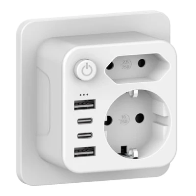 Afbeelding van Aipsdo Dubbele stekker voor USB stopcontact, meervoudige stekkerdoos met 4 netstekkers, cadapter, stekkeradapter, 2 voudige USB,