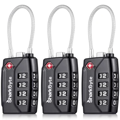 Afbeelding van SharkByte TSA Koffersloten 4 Dial Security Travel Combinatie Hangslot, Flexibele Kabel Draad Reisslot voor Koffers Bagage Case Reistas Gym Locker Code Klein Hangslot (Pack van 3)