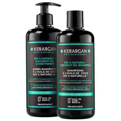 Afbeelding van Kerargan Hydraterende Shampoo &amp; Conditioner Duo met Kokosolie voor Uitgedroogd en Beschadigd Haar Voedt de Hoofdhuid Zonder Sulfaat, GMO, Siliconen, Minerale Olie 2x500 ml