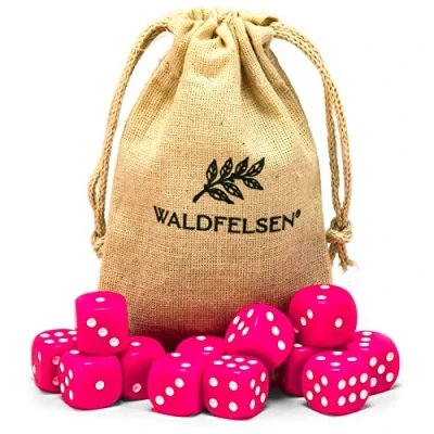 Afbeelding van Waldfelsen 6, 12, 20, 30 of 50 hoogwaardige dobbelstenen van ® standaardformaat 16 mm acrylkubus knobel speelkubus Dice 6 zijdig zeszijdig speelaccessoires set met stoffen zak (roze, 12 stuks)