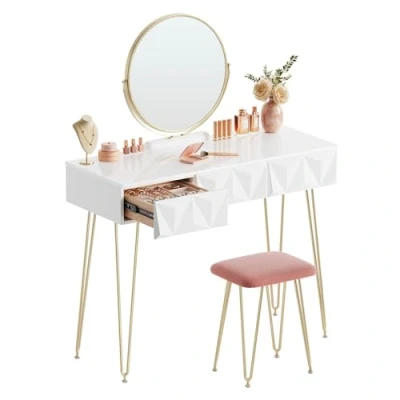 Afbeelding van Eugad kaptafel met kruk en spiegel, 360 graden draaibaar, make up 3 laden, gevoerde fluwelen kruk, 3D effect lade, wit goud