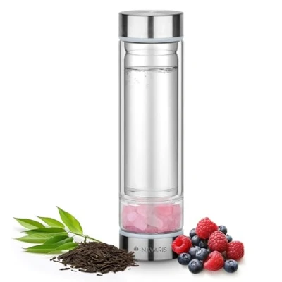 Afbeelding van Navaris glazen drinkfles Met rozenkwarts 450 ml Waterfles edelstenen sleeve en theezeef