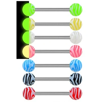 Afbeelding van OUFER 7 stuks 14G 316L RVS tongpiercing Candy Color tongringen Glow in The Dark Tong Bars, Roestvrij staal