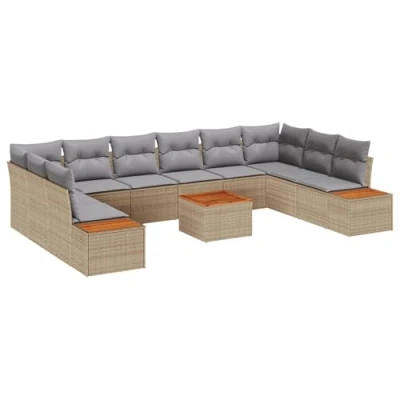 Afbeelding van vidaXL 11 delige tuinbankset met kussens in beige van poly rattan en acacia