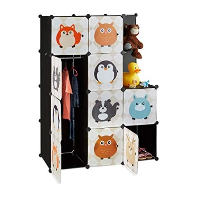 Afbeelding van Relaxdays kinderkamer kast met diermotieven, van kunststof, steeksysteem, deuren, kledingkast, roede, kleurrijk