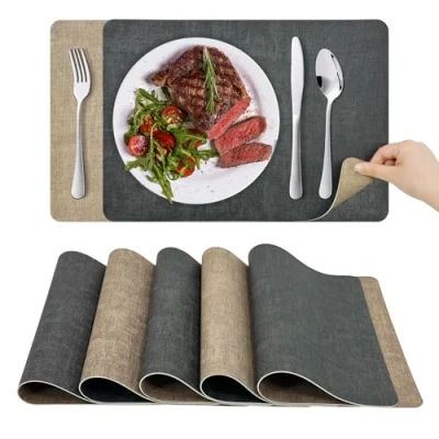 Afbeelding van KitchenBoss placemats Wasbaar : placemat set van 6 hittebestendige antislip dubbelzijdige (grijs abrikoos) 43x30cm