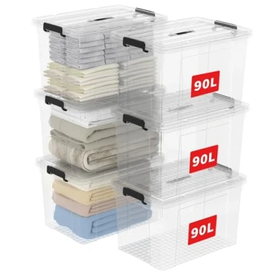 Afbeelding van Cetomo Opbergdozen van 90 x 6 stuks, plastic opbergdoos met deksels, organiserende container handvat en veilige sluitgespen, stapelbaar, nestbaar, draagtas voor thuiskantoorkleding, 90L 6Pack,