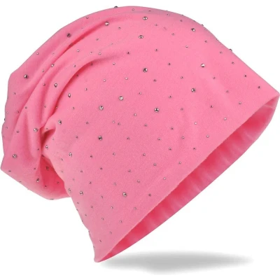 Afbeelding van Chemomuts beanie muts bij haarverlies kleur roze met studs maat one size