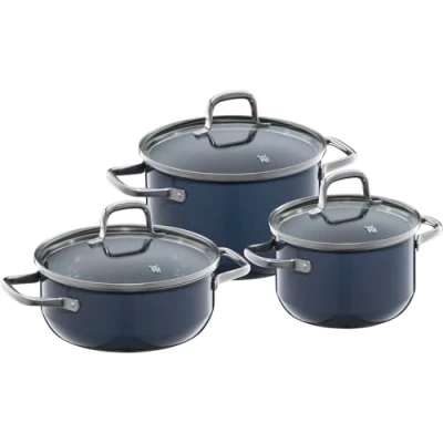 Afbeelding van WMF Fusiontec Essential Pannenset, 3 delig, kookpannenset met glazen deksel, high tech keramiek, krasbestendig, ongecoat, donkerblauw