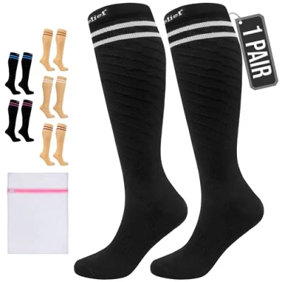 Afbeelding van 360 Relief Compressie Sokken klasse 1 voor Mannen en Vrouwen 15 20 mmHg Steunkousen langeafstandsvluchten, reizen, sporten, hardlopen, wandelen Paar Compression Socks L/XL Zwart met wasnet