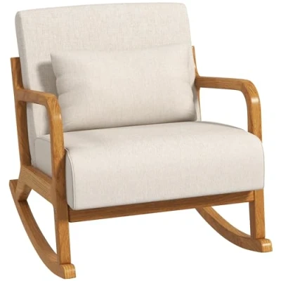 Afbeelding van HOMCOM schommelstoel, gestoffeerde schommelstoel met houten frame, relaxstoel armleuning, voor slaapkamer, woonkamer, crème